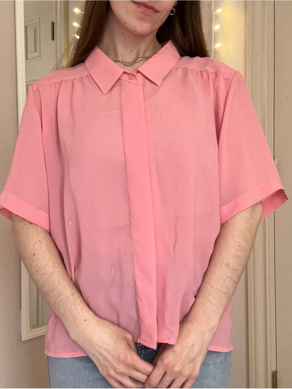 Vintage Pink Sheer Button Up Blouse
